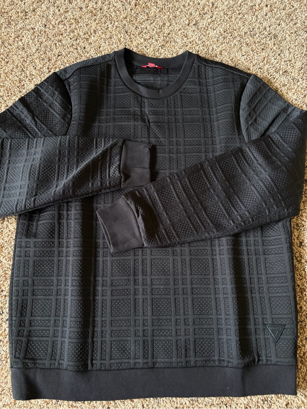 Guess Black Textured Plaid Crewneck Sweater